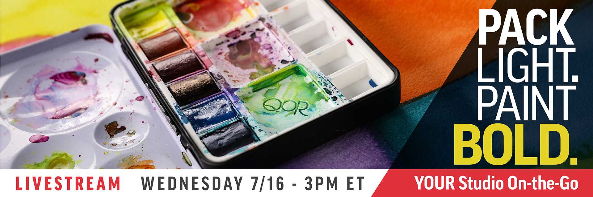 Pack Light, Paint Bold. Join us live to learn how to make your studio on-the-go with QoR half-pan sets.